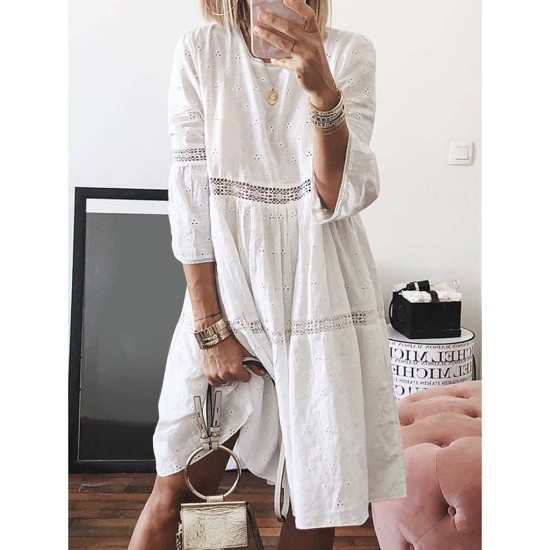 Boho Solid Crew Neck Hollow Out Splice Dress Boho Solid Crew Neck Hollow Out Splice Dress