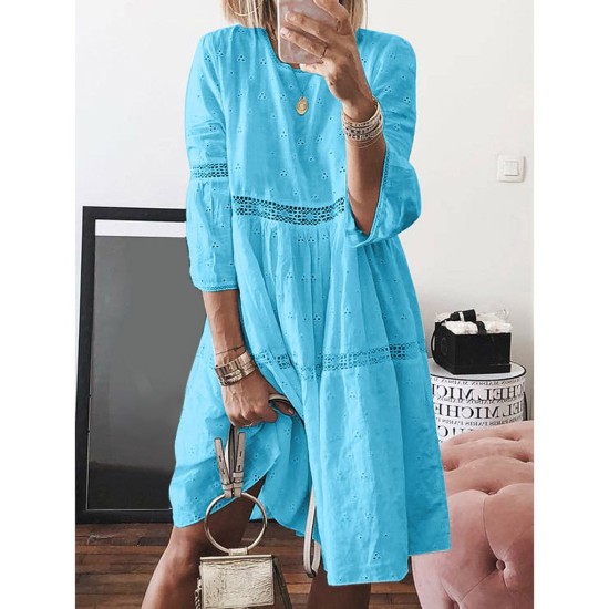 Boho Solid Crew Neck Hollow Out Splice Dress Boho Solid Crew Neck Hollow Out Splice Dress