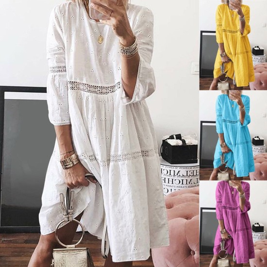 Boho Solid Crew Neck Hollow Out Splice Dress Boho Solid Crew Neck Hollow Out Splice Dress