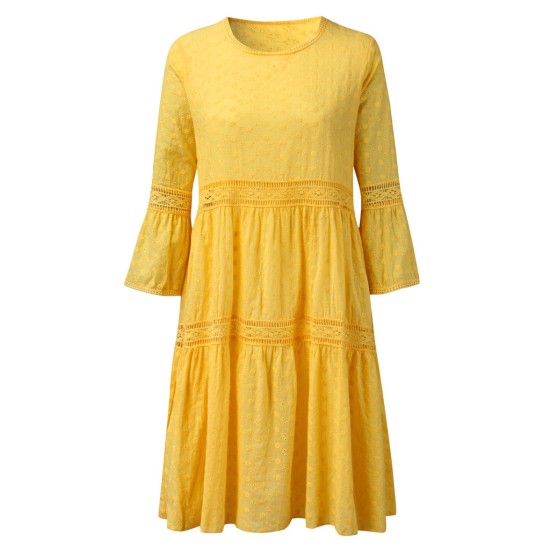 Boho Solid Crew Neck Hollow Out Splice Dress Boho Solid Crew Neck Hollow Out Splice Dress