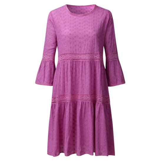 Boho Solid Crew Neck Hollow Out Splice Dress Boho Solid Crew Neck Hollow Out Splice Dress