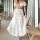 Embroidery Flower Spliced Lace Elastic Waist Ankle Long Skirt Embroidery Flower Spliced Lace Elastic Waist Ankle Long Skirt