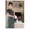 Chinese style imitation acetic acid printed long modified slim fit and slim retro cheongsam