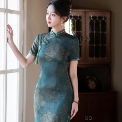 Chinese style imitation acetic acid printed long modified slim fit and slim retro cheongsam