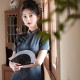 Chinese style imitation acetic acid printed long modified slim fit and slim retro cheongsam Chinese style imitation acetic acid printed long modified slim fit and slim retro cheongsam