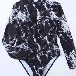 Black Print One Piece Swimsuit Zipper Long Sleeve Swimwear Sports