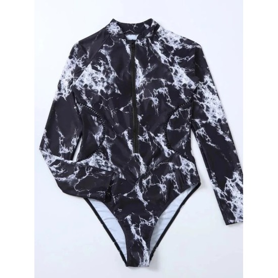 Black Print One Piece Swimsuit Zipper Long Sleeve Swimwear Sports Black Print One Piece Swimsuit Zipper Long Sleeve Swimwear Sports