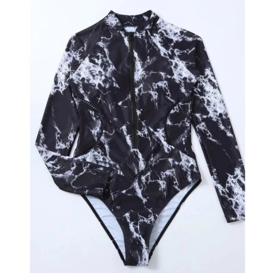 Black Print One Piece Swimsuit Zipper Long Sleeve Swimwear Sports Black Print One Piece Swimsuit Zipper Long Sleeve Swimwear Sports