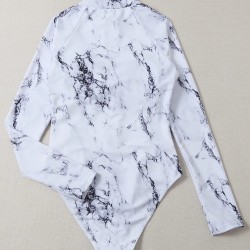 Black Print One Piece Swimsuit Zipper Long Sleeve Swimwear Sports