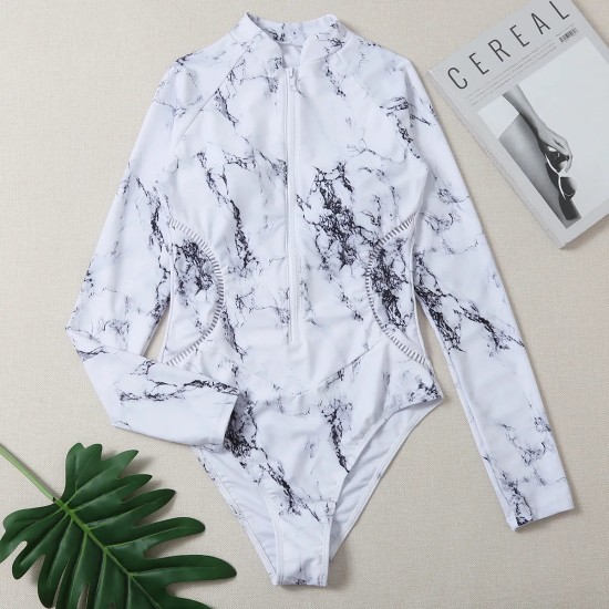 Black Print One Piece Swimsuit Zipper Long Sleeve Swimwear Sports Black Print One Piece Swimsuit Zipper Long Sleeve Swimwear Sports