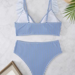 Striped Ruffle Trim Bikini High Waist Swimsuit