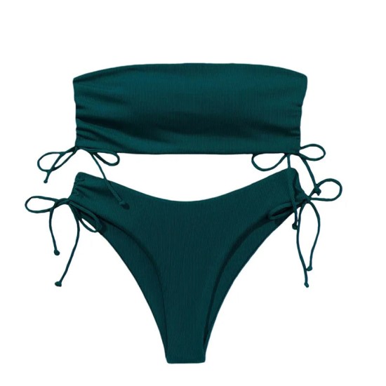 Ribbed Bikini Set for Women Drawstring Side Bandeau Top Ribbed Bikini Set for Women Drawstring Side Bandeau Top