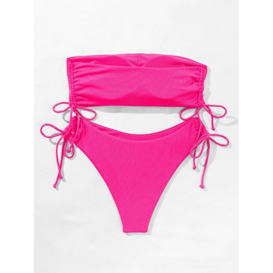 Ribbed Bikini Set for Women Drawstring Side Bandeau Top Ribbed Bikini Set for Women Drawstring Side Bandeau Top