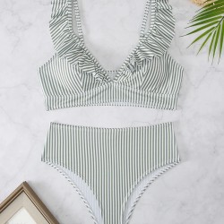 Striped Ruffle Trim Bikini High Waist Swimsuit