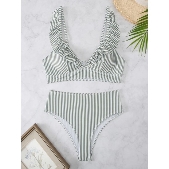 Striped Ruffle Trim Bikini High Waist Swimsuit Striped Ruffle Trim Bikini High Waist Swimsuit