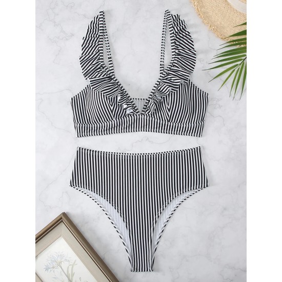 Striped Ruffle Trim Bikini High Waist Swimsuit Striped Ruffle Trim Bikini High Waist Swimsuit
