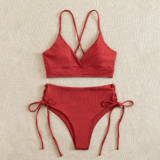 V-Neck Split Bikini Set for Women Solid Color Beach Swimwear V-Neck Split Bikini Set for Women Solid Color Beach Swimwear