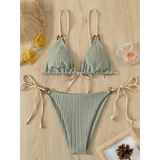 Bikini Set Plain Ring Linked Spaghetti Strap Swimwear Bikini Set Plain Ring Linked Spaghetti Strap Swimwear