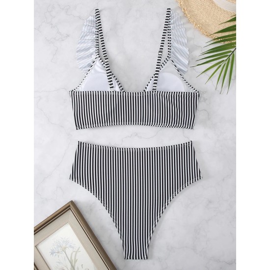 Striped Ruffle Trim Bikini High Waist Swimsuit Striped Ruffle Trim Bikini High Waist Swimsuit