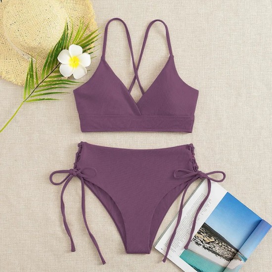 V-Neck Split Bikini Set for Women Solid Color Beach Swimwear V-Neck Split Bikini Set for Women Solid Color Beach Swimwear