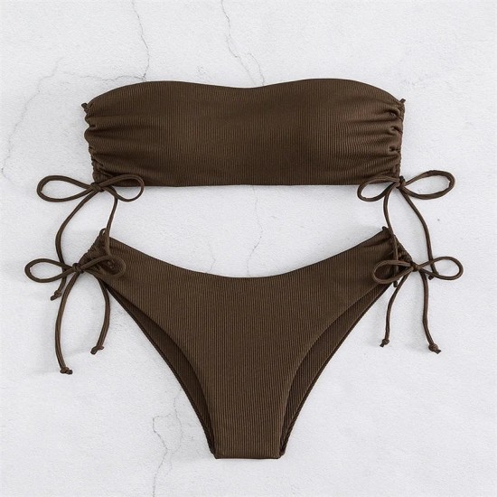 Ribbed Bikini Set for Women Drawstring Side Bandeau Top Ribbed Bikini Set for Women Drawstring Side Bandeau Top