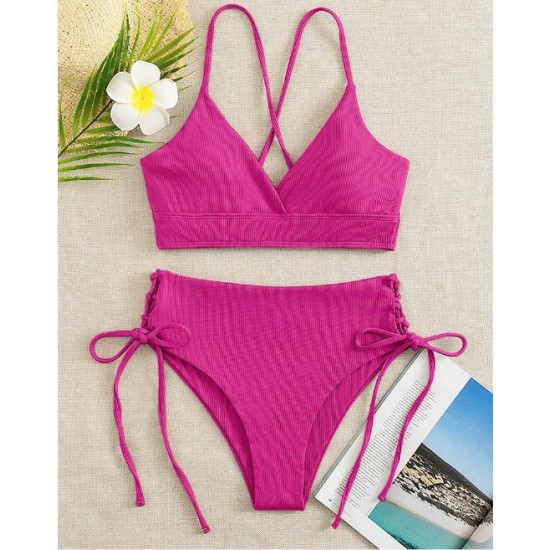 V-Neck Split Bikini Set for Women Solid Color Beach Swimwear V-Neck Split Bikini Set for Women Solid Color Beach Swimwear
