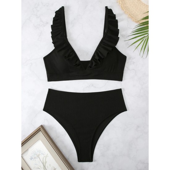 Striped Ruffle Trim Bikini High Waist Swimsuit Striped Ruffle Trim Bikini High Waist Swimsuit