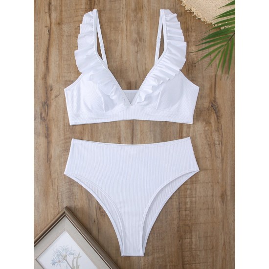 Striped Ruffle Trim Bikini High Waist Swimsuit Striped Ruffle Trim Bikini High Waist Swimsuit