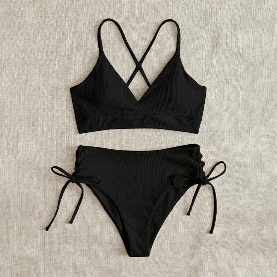 V-Neck Split Bikini Set for Women Solid Color Beach Swimwear V-Neck Split Bikini Set for Women Solid Color Beach Swimwear