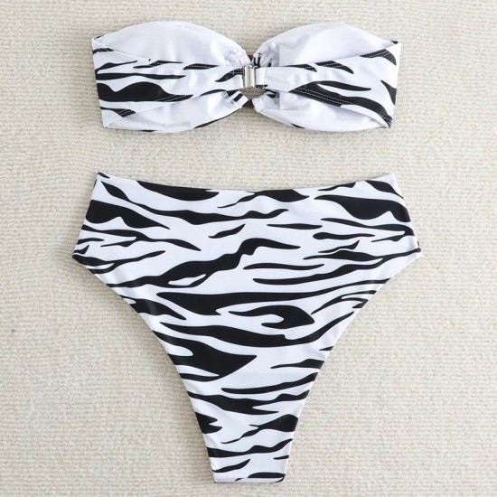 Bandeau High Waist Bikini Swimsuit Zebra Print Two Pieces Bandeau High Waist Bikini Swimsuit Zebra Print Two Pieces