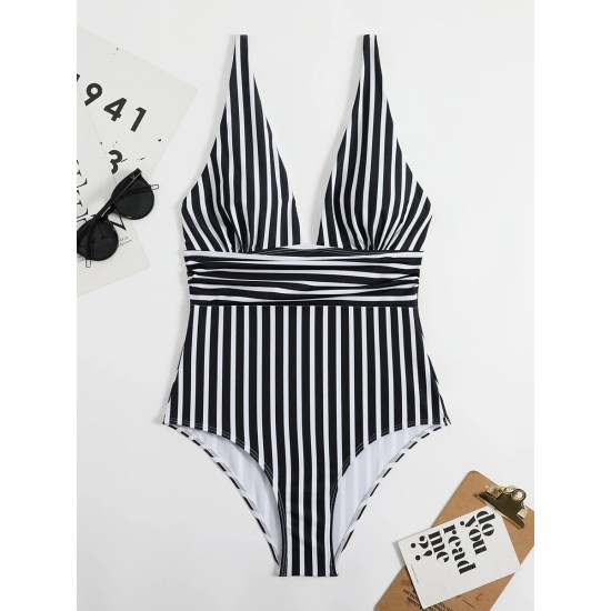 Striped One Piece Swimsuit Vintage Swimwear V-neck Striped One Piece Swimsuit Vintage Swimwear V-neck