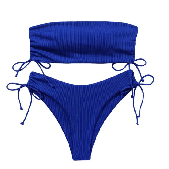 Ribbed Bikini Set for Women Drawstring Side Bandeau Top Ribbed Bikini Set for Women Drawstring Side Bandeau Top