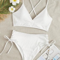 V-Neck Split Bikini Set for Women Solid Color Beach Swimwear