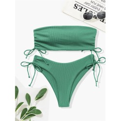Ribbed Bikini Set for Women Drawstring Side Bandeau Top