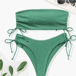 Ribbed Bikini Set for Women Drawstring Side Bandeau Top