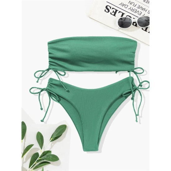 Ribbed Bikini Set for Women Drawstring Side Bandeau Top Ribbed Bikini Set for Women Drawstring Side Bandeau Top