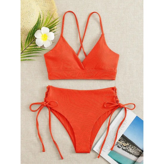 V-Neck Split Bikini Set for Women Solid Color Beach Swimwear V-Neck Split Bikini Set for Women Solid Color Beach Swimwear