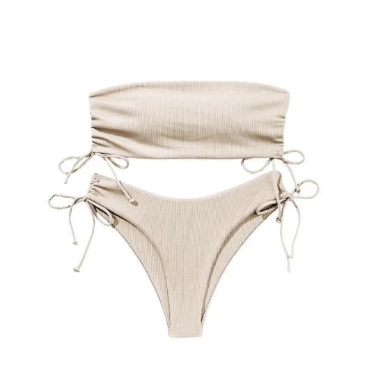 Ribbed Bikini Set for Women Drawstring Side Bandeau Top Ribbed Bikini Set for Women Drawstring Side Bandeau Top