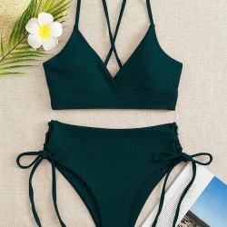 V-Neck Split Bikini Set for Women Solid Color Beach Swimwear