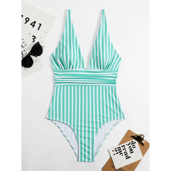 Striped One Piece Swimsuit Vintage Swimwear V-neck Striped One Piece Swimsuit Vintage Swimwear V-neck