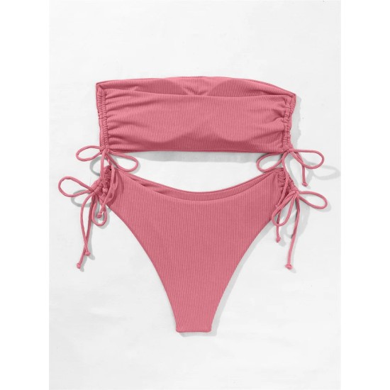 Ribbed Bikini Set for Women Drawstring Side Bandeau Top Ribbed Bikini Set for Women Drawstring Side Bandeau Top