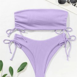 Ribbed Bikini Set for Women Drawstring Side Bandeau Top