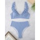 Striped Ruffle Trim Bikini High Waist Swimsuit Striped Ruffle Trim Bikini High Waist Swimsuit
