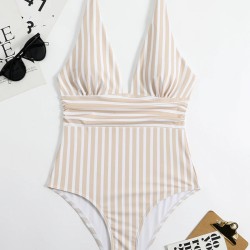 Striped One Piece Swimsuit Vintage Swimwear V-neck