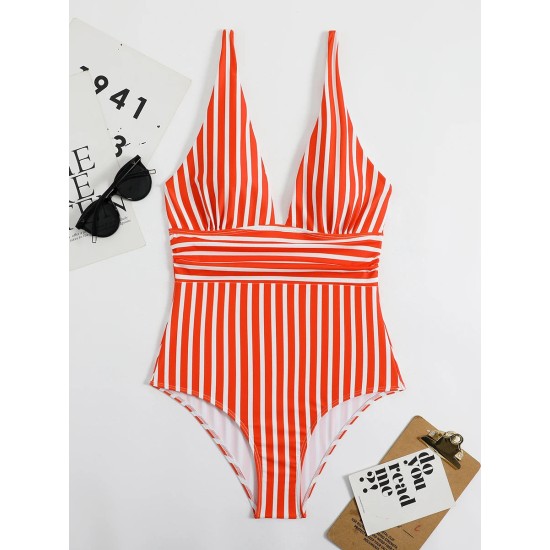 Striped One Piece Swimsuit Vintage Swimwear V-neck Striped One Piece Swimsuit Vintage Swimwear V-neck