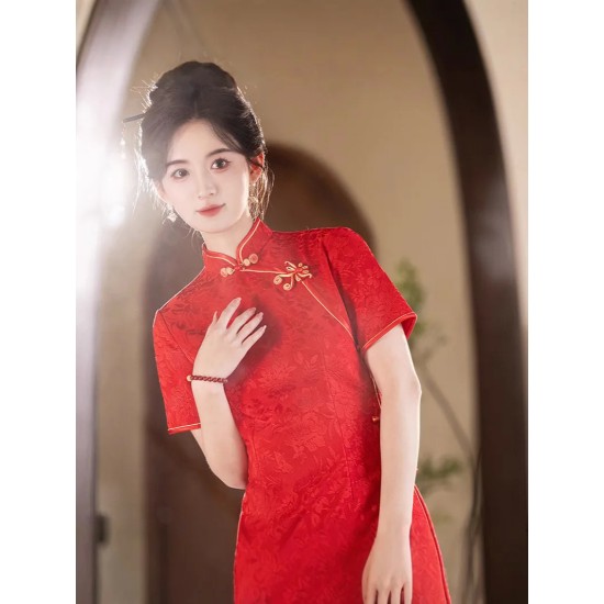 Summer Engagement Jacquard Mid-Length Red Cheongsam Dress Elegant Slimming Banquet Wedding Traditional Chinese Clothing Summer Engagement Jacquard Mid-Length Red Cheongsam Dress Elegant Slimming Banquet Wedding Traditional Chinese Clothing
