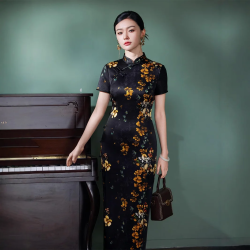 New Modern Chinoiserie Retro Print Long Black Silk Cheongsam Elegant Printed Dress for Summer Improved Mul Berry Silk Classy