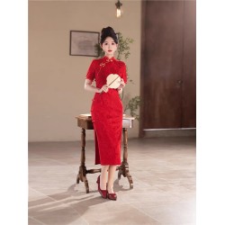 Summer Engagement Jacquard Mid-Length Red Cheongsam Dress Elegant Slimming Banquet Wedding Traditional Chinese Clothing