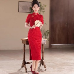 Summer Engagement Jacquard Mid-Length Red Cheongsam Dress Elegant Slimming Banquet Wedding Traditional Chinese Clothing