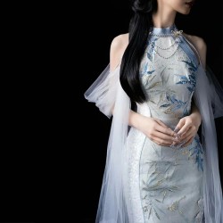 New Light Luxury Minority Adult Ceremony Halter Sleeveless Shoulder Tassel New Chinese Style Cheongsam Evening Dress Dress Women